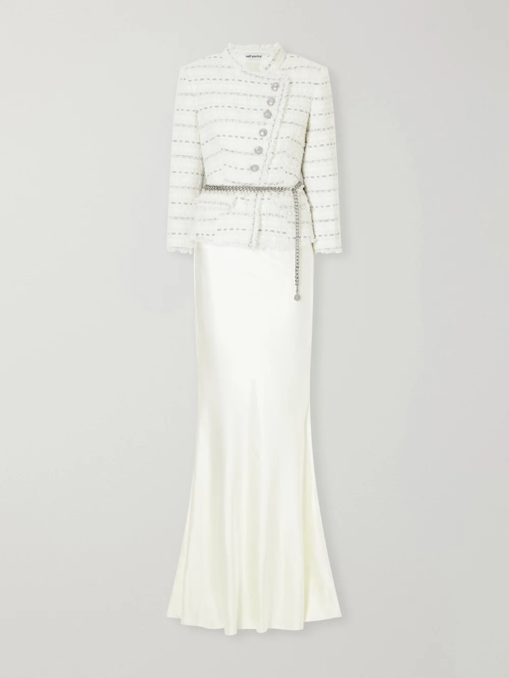 Self-Portrait Belted Satin and Bouclé Maxi Dress in white