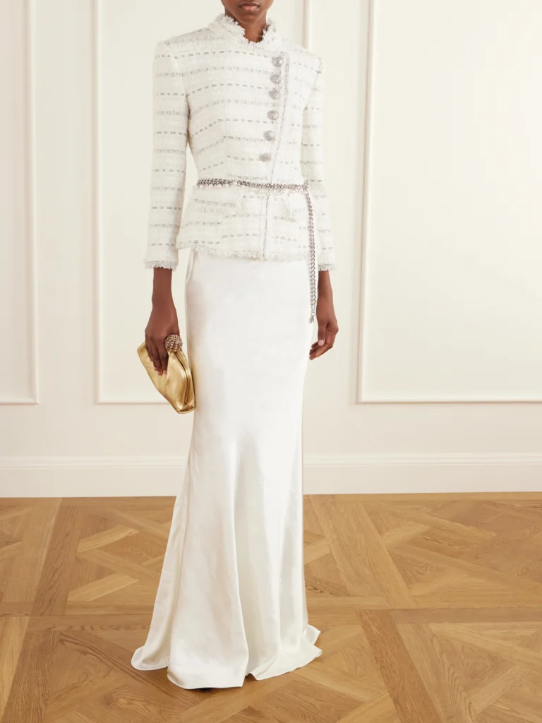 Self-Portrait Belted Satin and Bouclé Maxi Dress