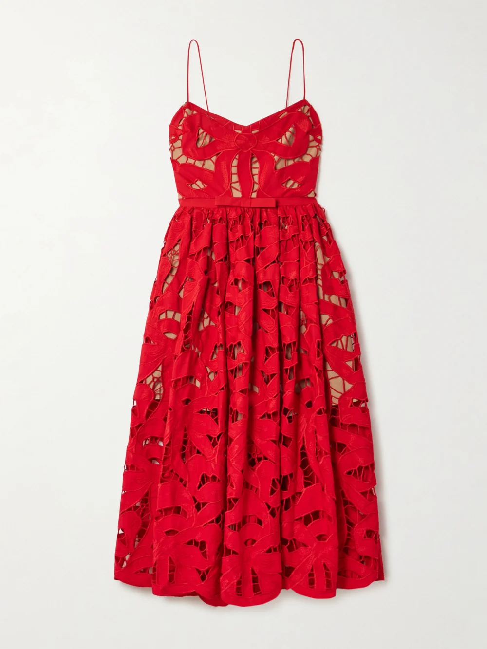Self-Portrait Bow-detailed Cotton-guipure Lace Midi Dress in red