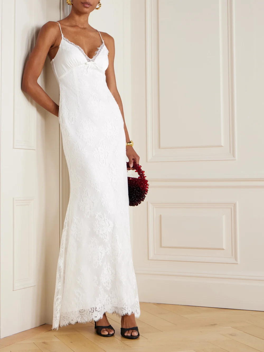 Self-Portrait Bow-embellished Cotton-blend and Lace Maxi Dress, worn by a model