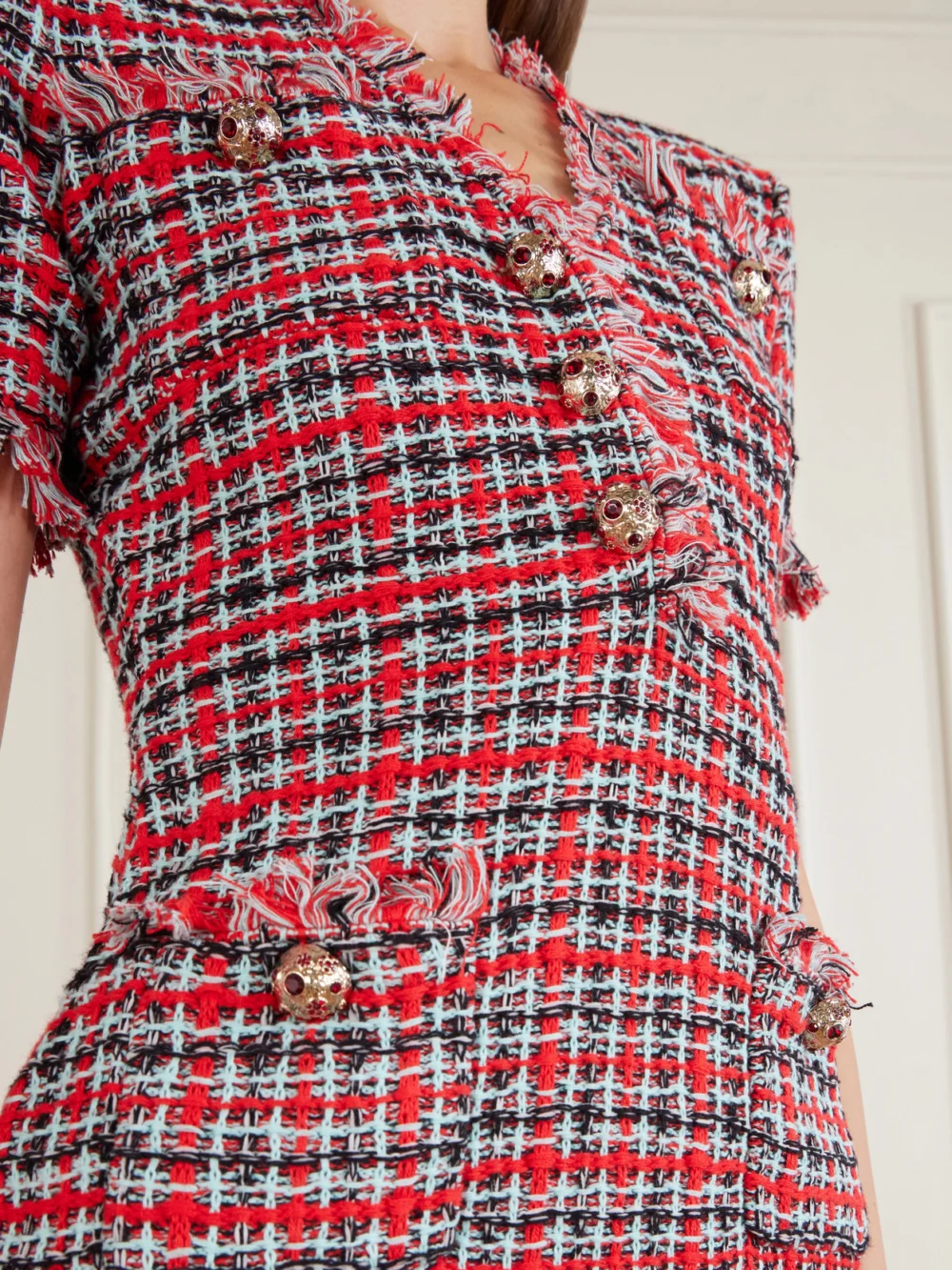 Close-up detail of the Self-Portrait Checked Frayed Cotton-blend Mini Dress