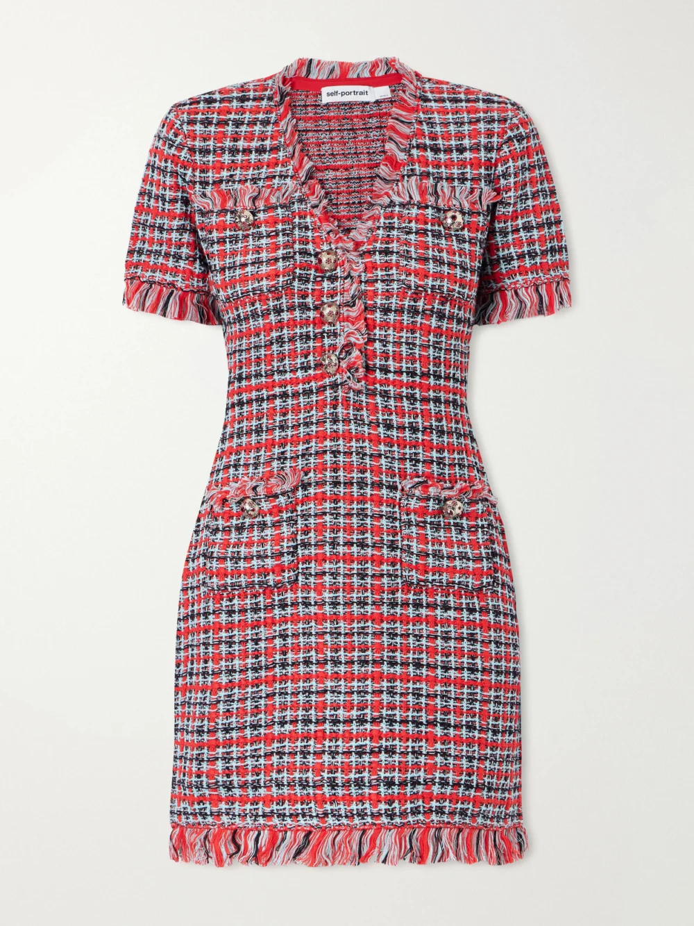 Self-Portrait Checked Frayed Cotton-blend Mini Dress in red