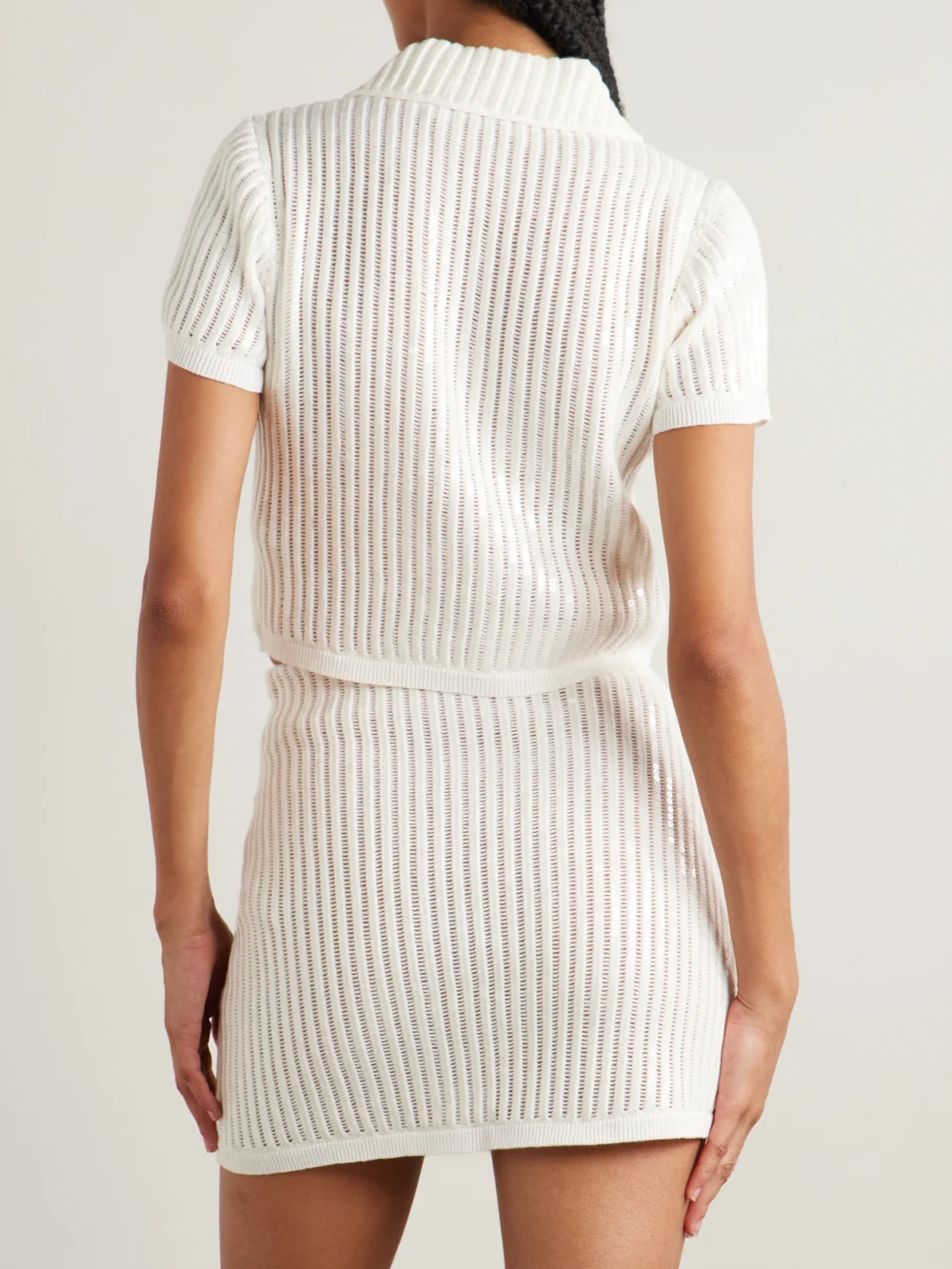 Back view of the Self-Portrait Cropped Sequined Crocheted Cotton and Cashmere-blend Shirt