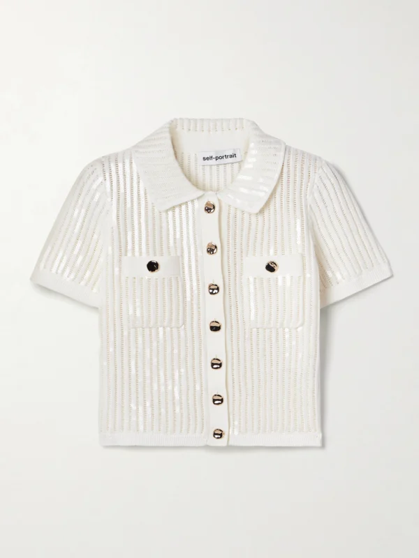 Self-Portrait Cropped Sequined Crocheted Cotton and Cashmere-blend Shirt