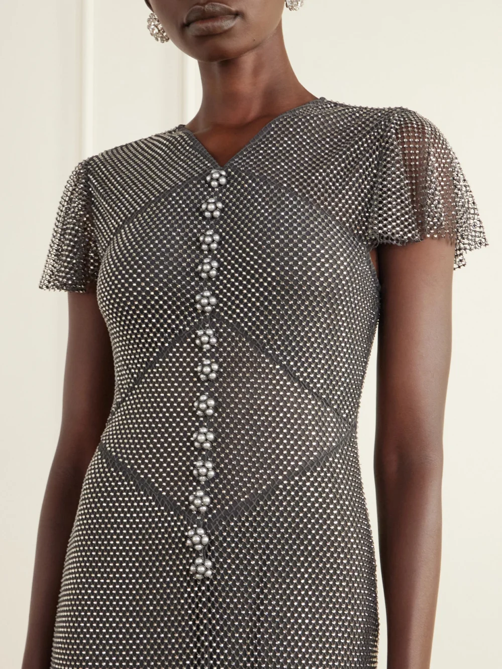 Close-up detail of the Self-Portrait Crystal-embellished Mesh Maxi Dress