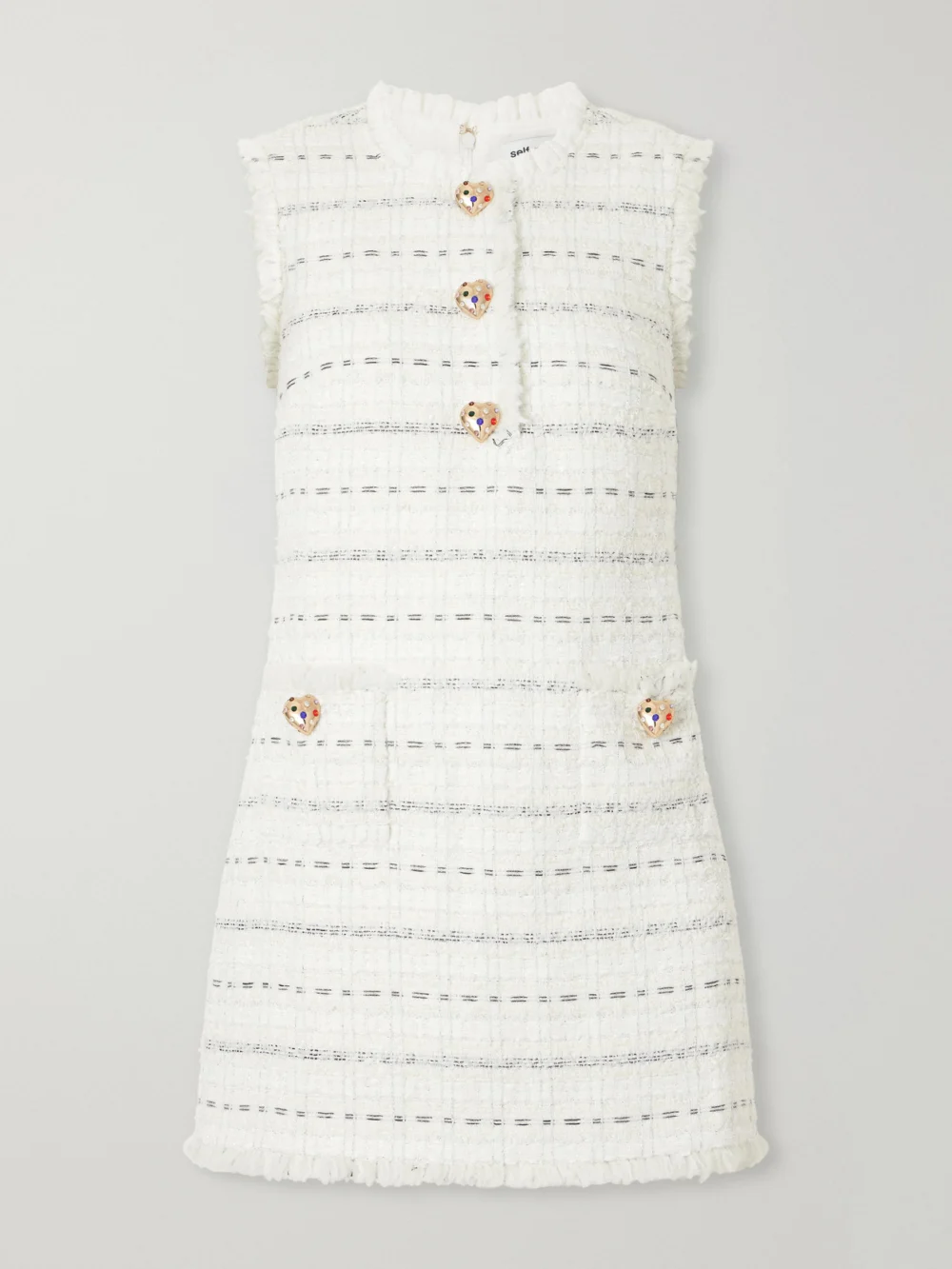 Self-Portrait Embellished Frayed Bouclé Mini Dress in white