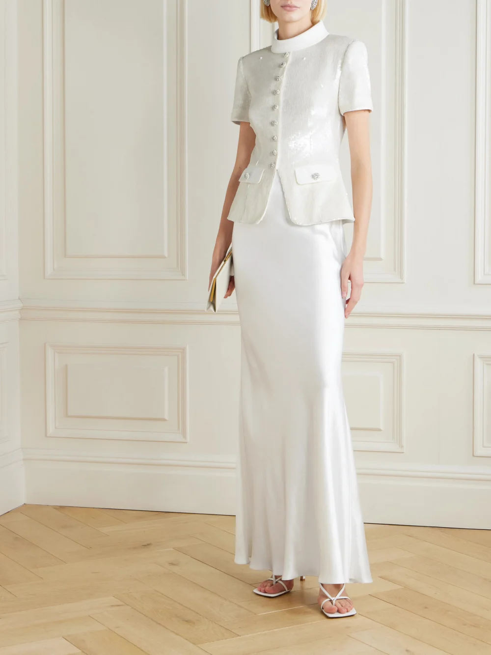 Self-Portrait Embellished Satin Maxi Dress, worn by a model