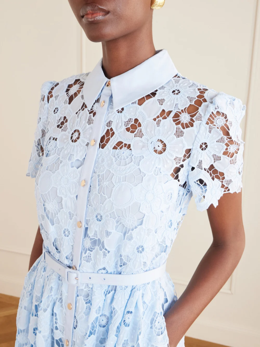 Close-up detail of the Self-Portrait Embroidered Guipure Lace Midi Dress