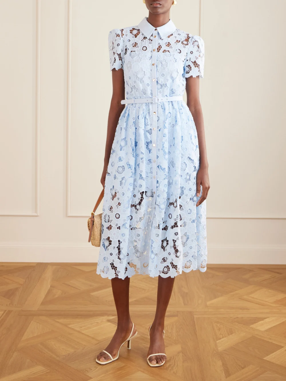 Self-Portrait Embroidered Guipure Lace Midi Dress, worn by a model