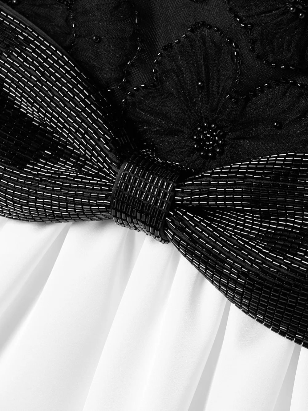 Close-up detail of the Self-Portrait Gathered Satin and Embellished Tulle Mini Dress