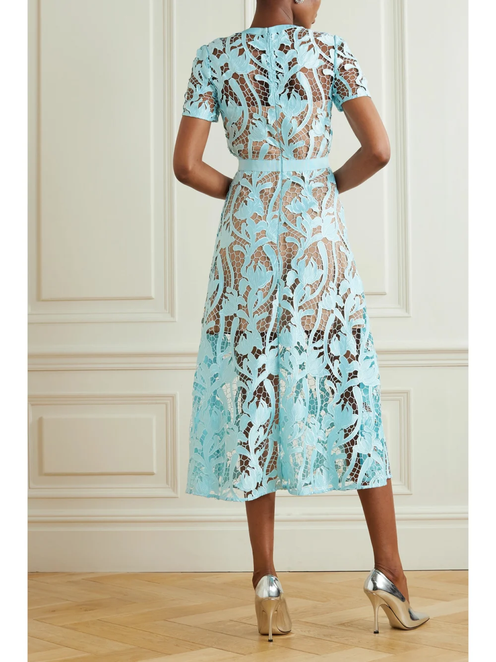 Back view of the Self-Portrait Grosgrain-trimmed Embroidered Satin and Guipure Lace Midi Dress