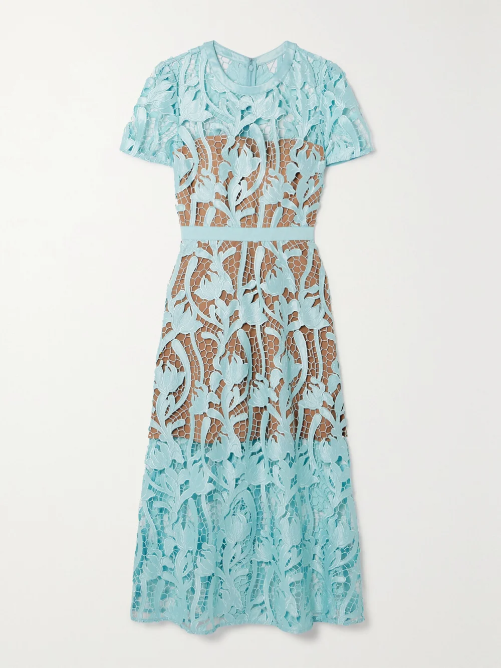 Self-Portrait Grosgrain-trimmed Embroidered Satin and Guipure Lace Midi Dress in blue