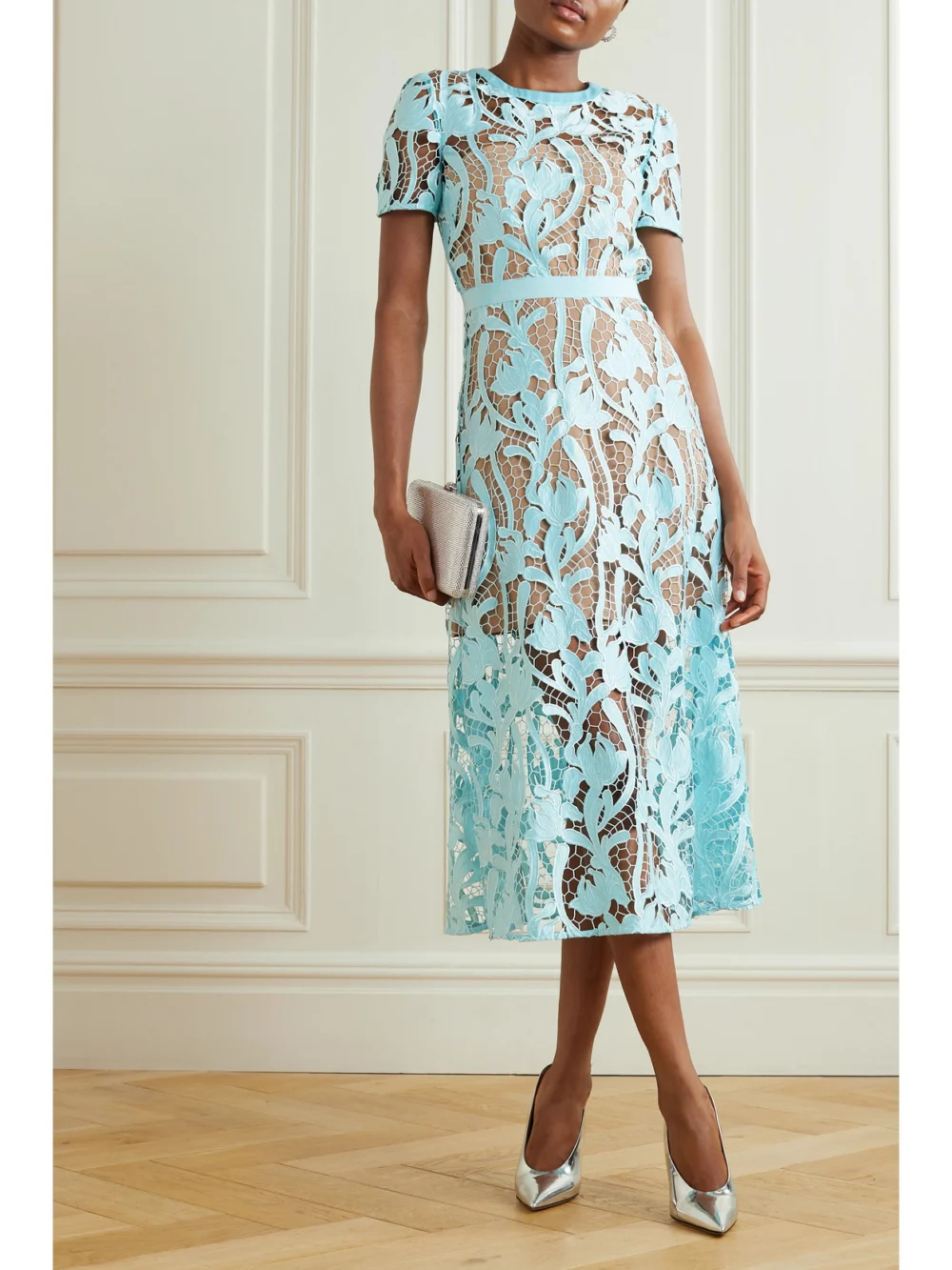 Self-Portrait Grosgrain-trimmed Embroidered Satin and Guipure Lace Midi Dress, worn by a model