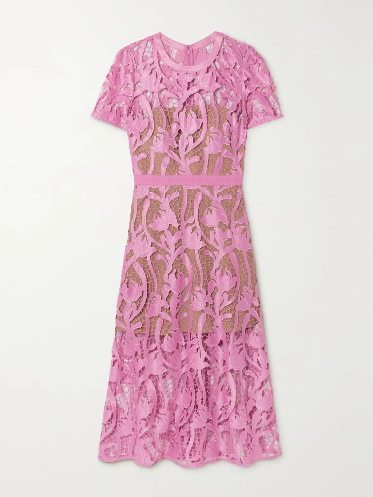 Self-Portrait Grosgrain-trimmed Embroidered Satin and Guipure Lace Midi Dress