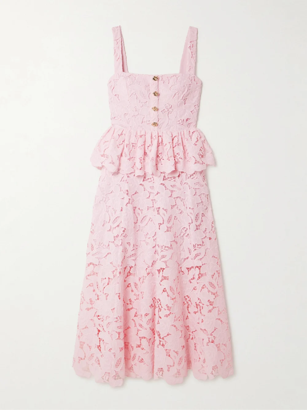 Self-Portrait Guipure Lace Peplum Midi Dress in pink