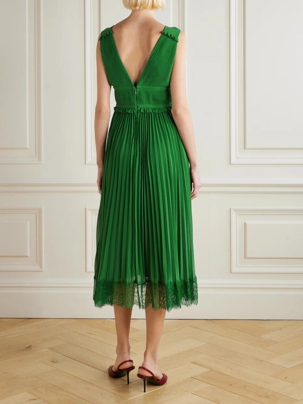Back view of the Self-Portrait Lace-trimmed Pleated Chiffon Midi Dress