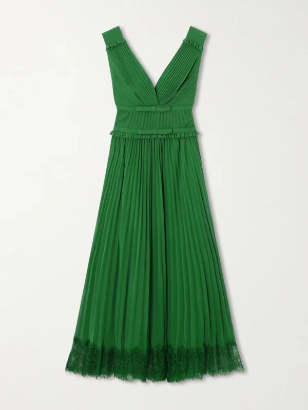 Self-Portrait Lace-trimmed Pleated Chiffon Midi Dress