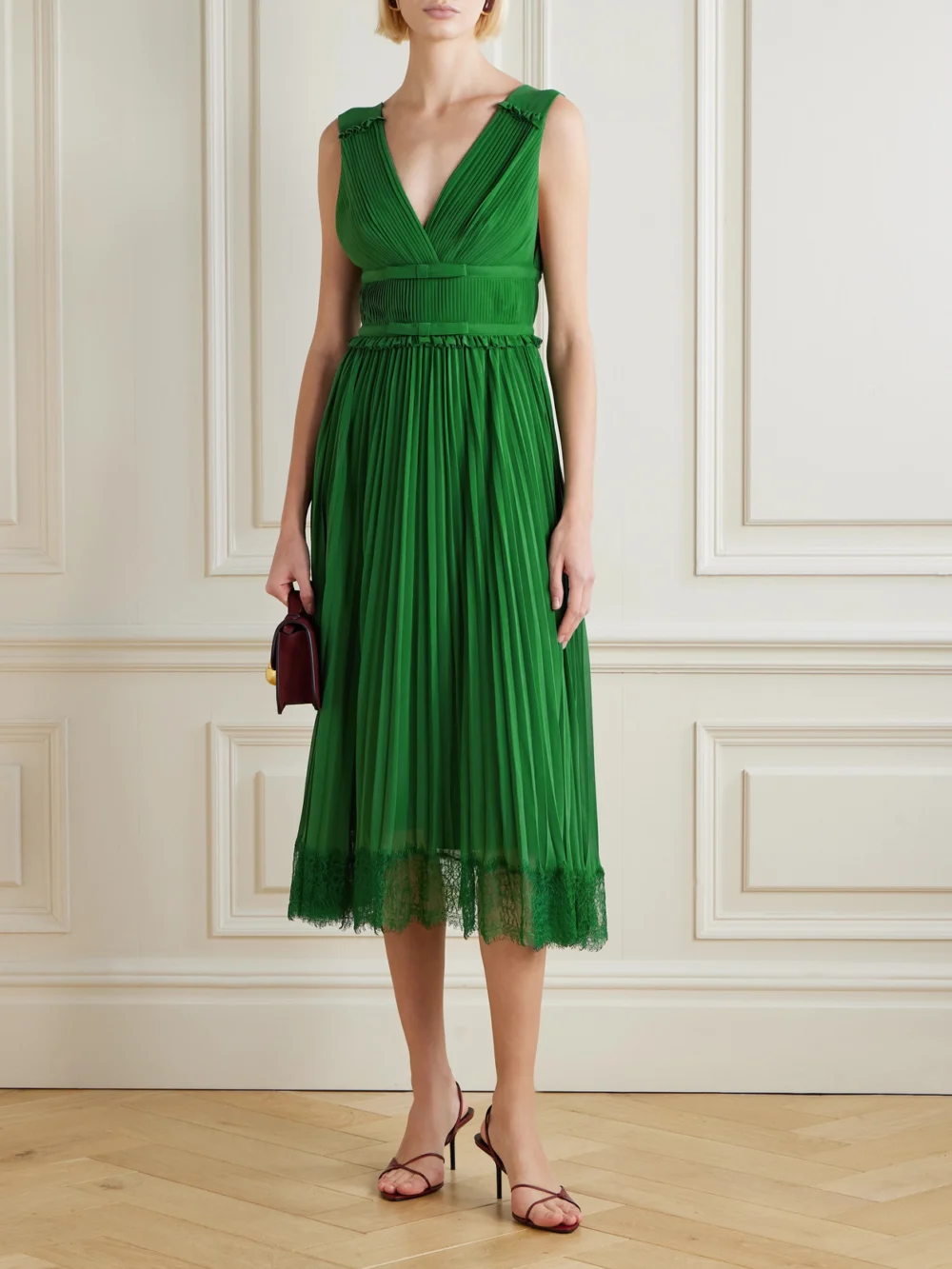 Self-Portrait Lace-trimmed Pleated Chiffon Midi Dress, worn by a model