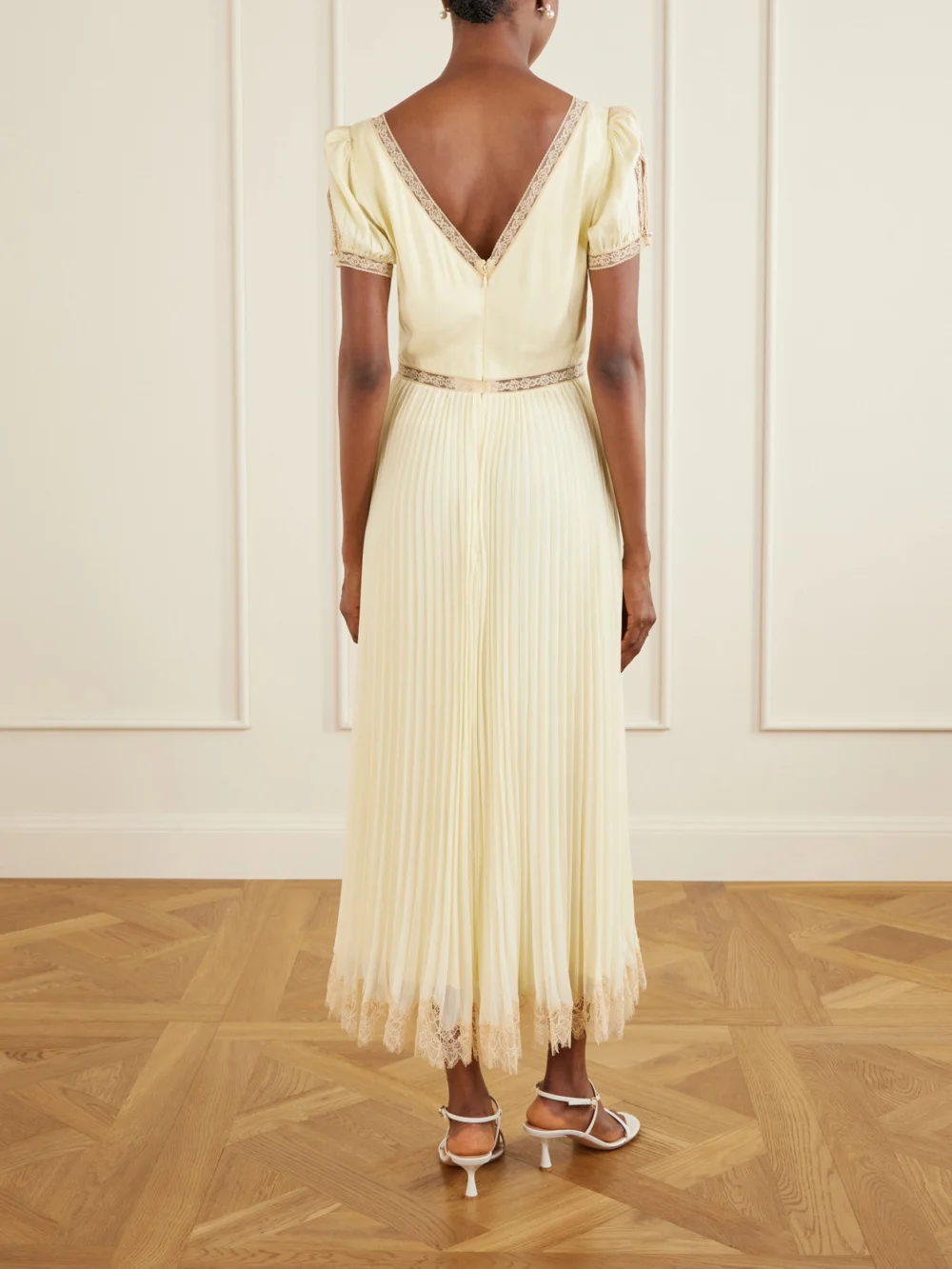 Back view of the Self-Portrait Lace-trimmed Pleated Crepe Midi Dress