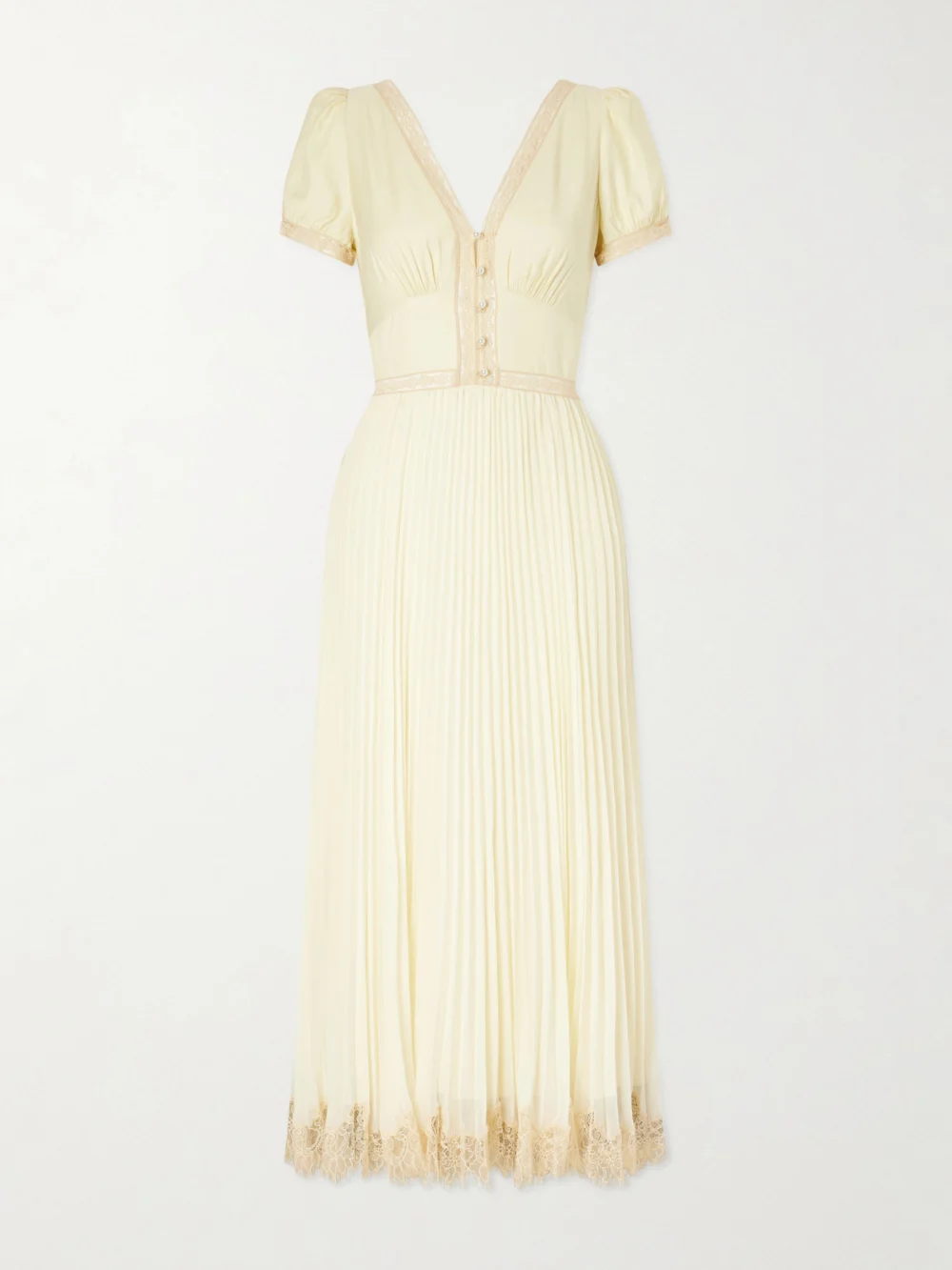 Self-Portrait Lace-trimmed Pleated Crepe Midi Dress in yellow