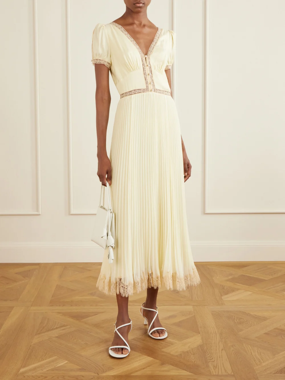Self-Portrait Lace-trimmed Pleated Crepe Midi Dress, worn by a model