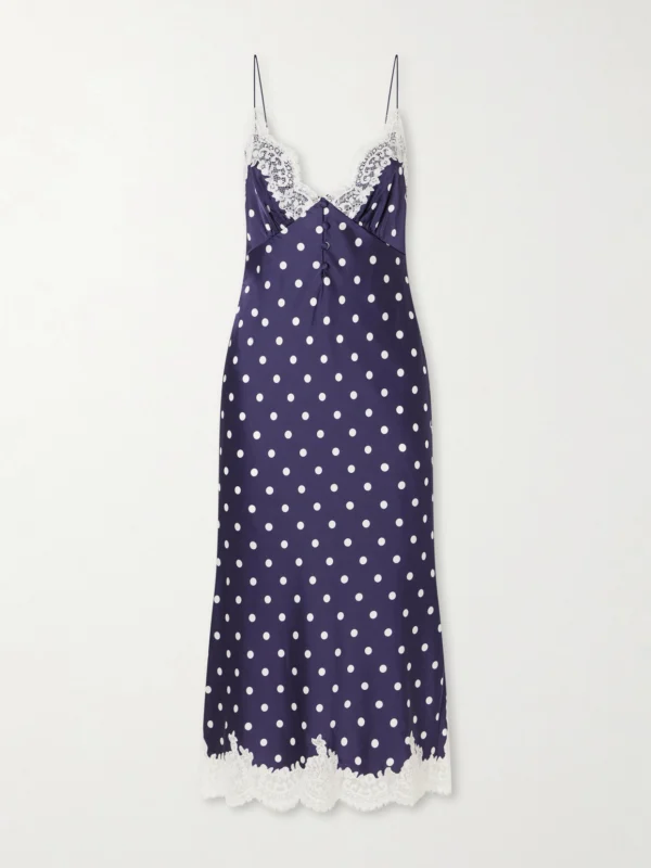 Self-Portrait Lace-trimmed Polka-dot Satin Midi Dress