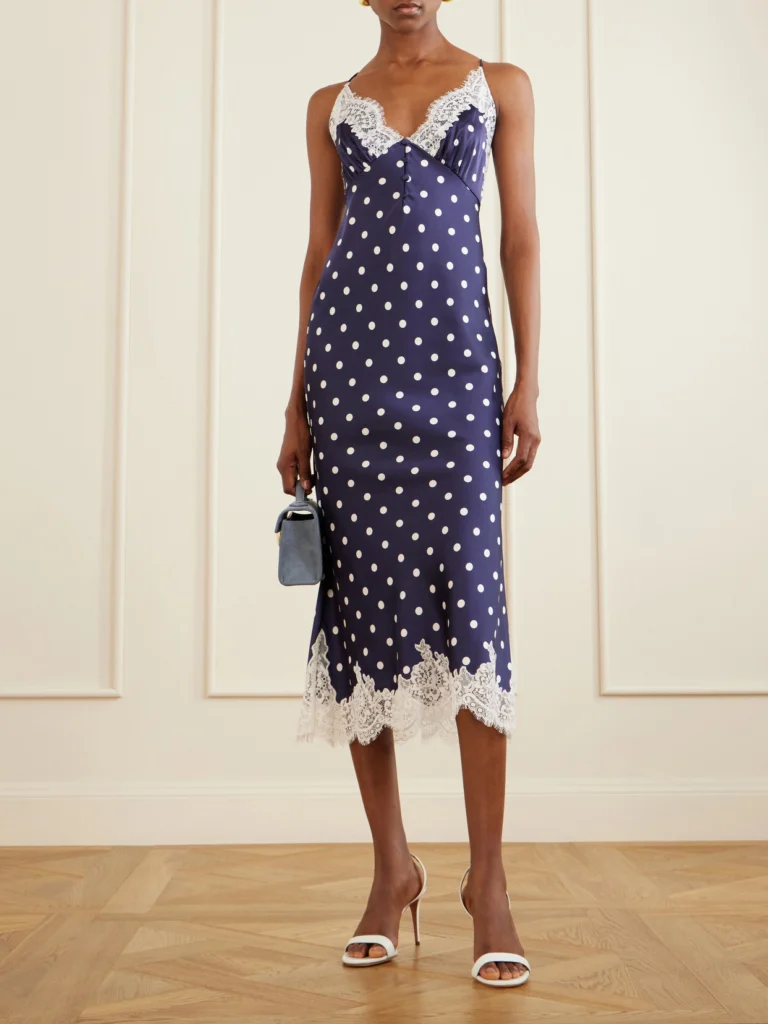 Self-Portrait Lace-trimmed Polka-dot Satin Midi Dress