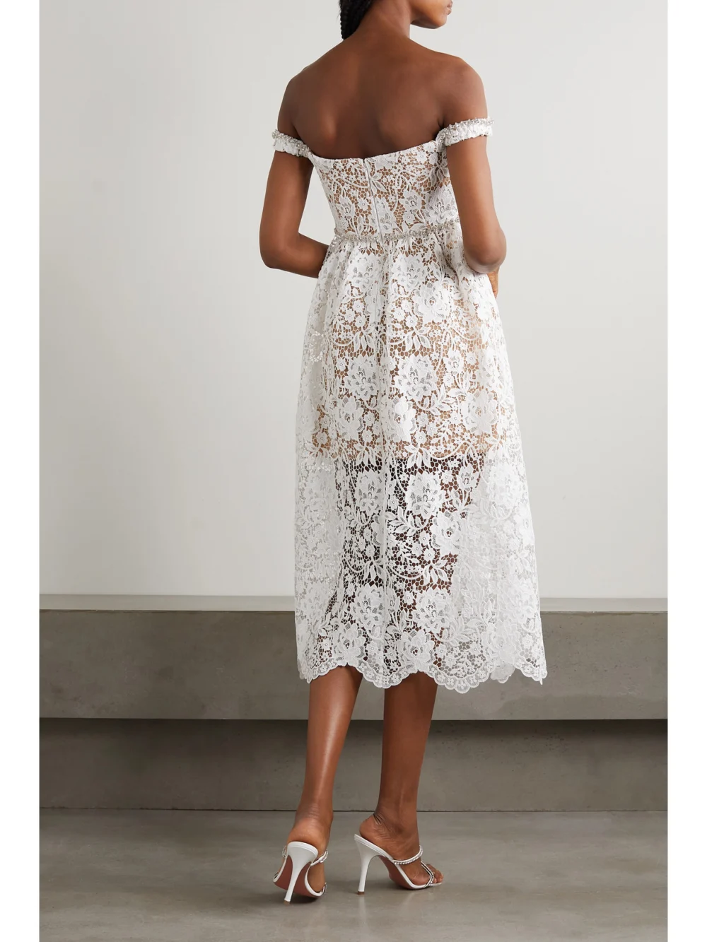Back view of the Self-Portrait Off-the-shoulder Crystal-embellished Corded Lace Midi Dress
