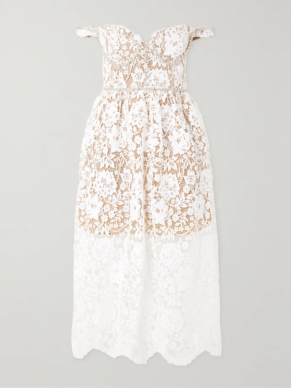 Self-Portrait Off-the-shoulder Crystal-embellished Corded Lace Midi Dress in white
