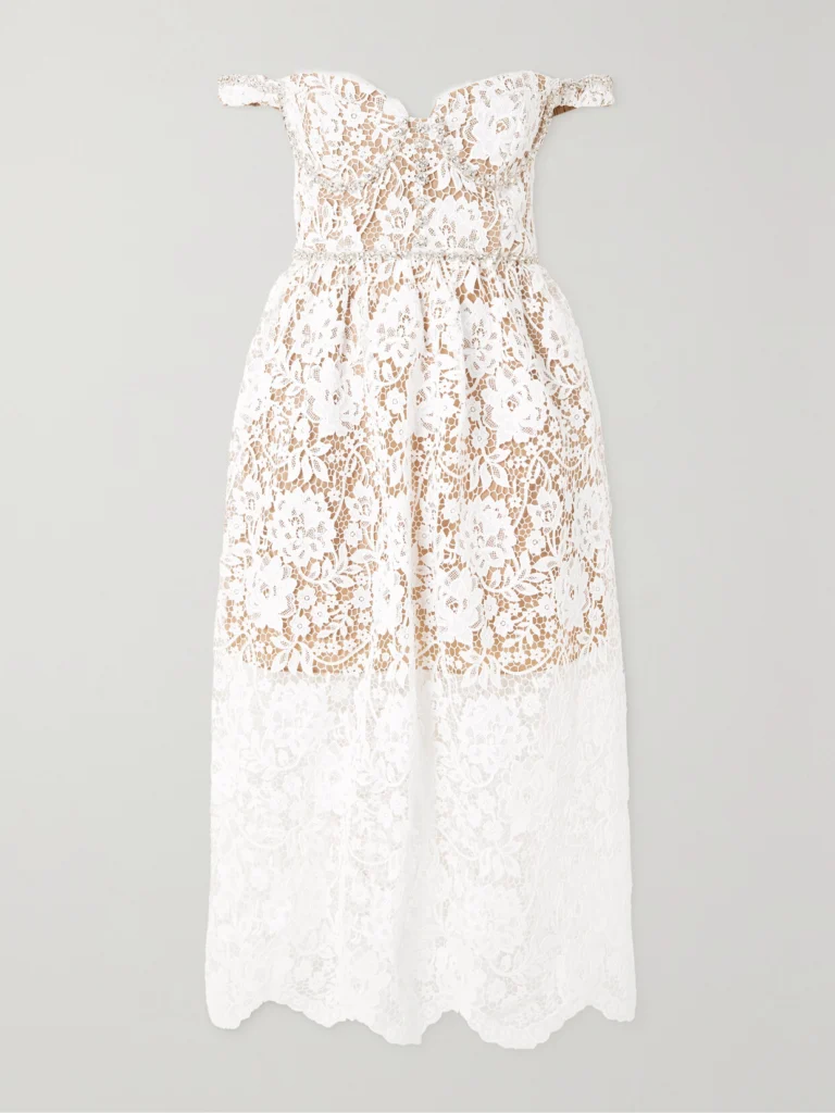 Self-Portrait Off-the-shoulder Crystal-embellished Corded Lace Midi Dress