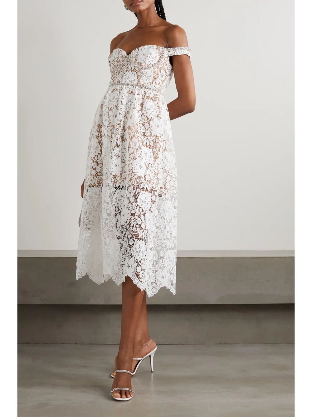 Self-Portrait Off-the-shoulder Crystal-embellished Corded Lace Midi Dress, worn by a model