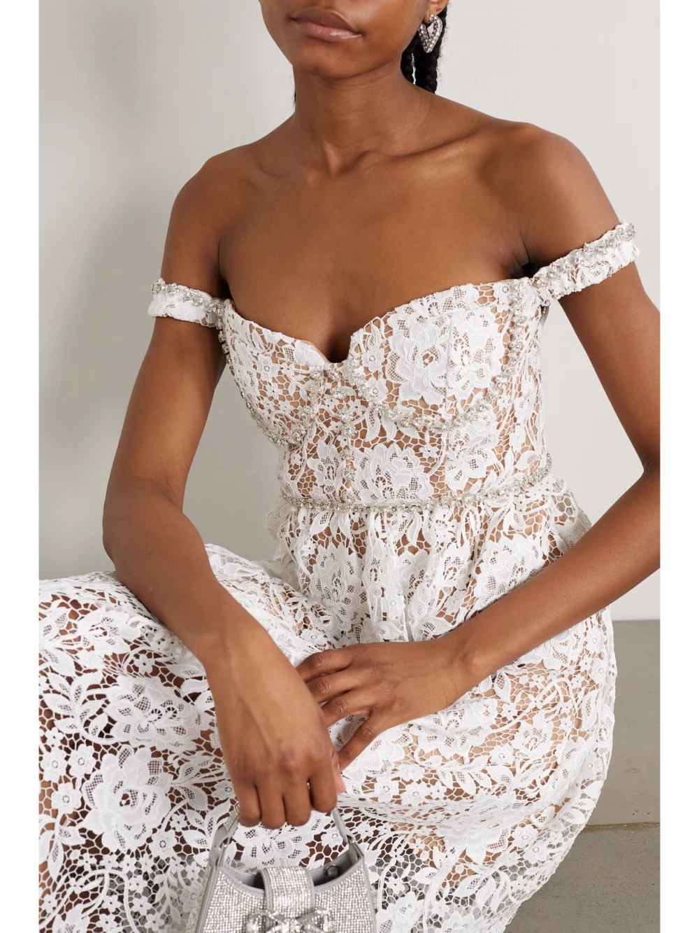 Side view of the Self-Portrait Off-the-shoulder Crystal-embellished Corded Lace Midi Dress