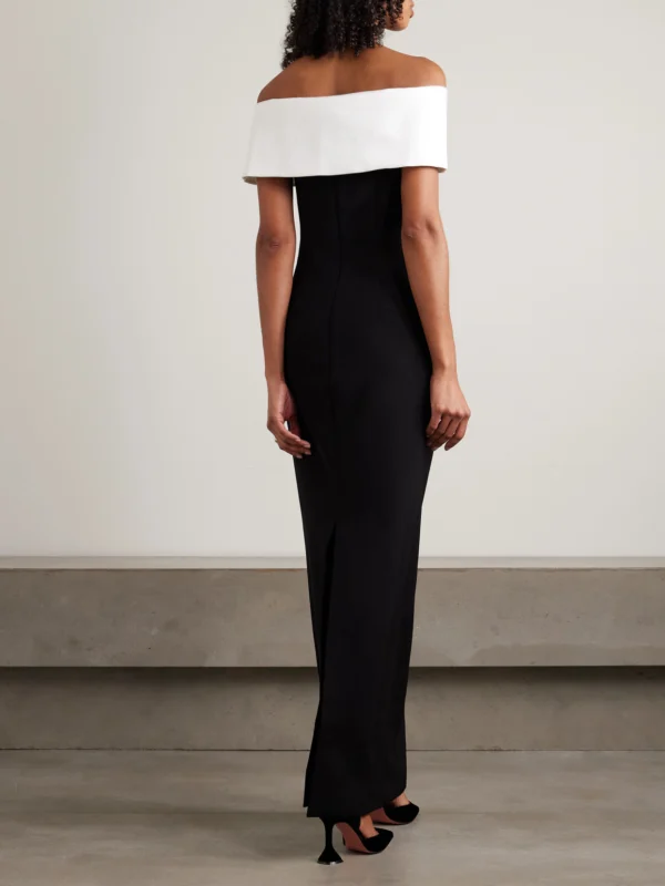 Back view of the Self-Portrait Off-the-shoulder Open-back Faille-trimmed Crepe Maxi Dress
