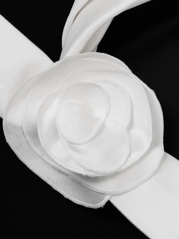 Close-up detail of the Self-Portrait Off-the-shoulder Open-back Faille-trimmed Crepe Maxi Dress