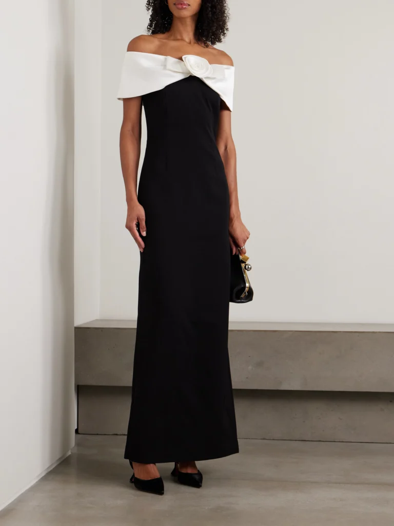 Self-Portrait Off-the-shoulder Open-back Faille-trimmed Crepe Maxi Dress