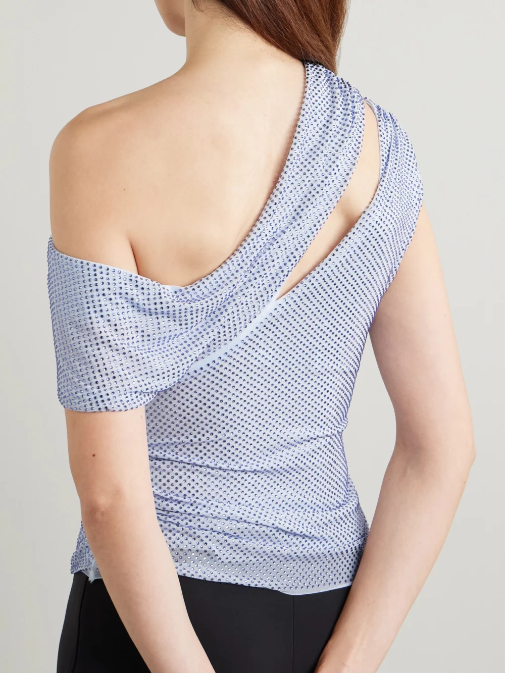 Back view of the Self-Portrait One-shoulder Asymmetric Crystal-embellished Mesh Top