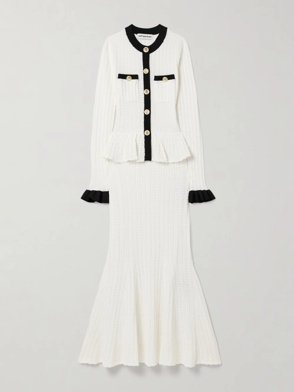 Self-Portrait Pointelle-knit Peplum Midi Dress in white