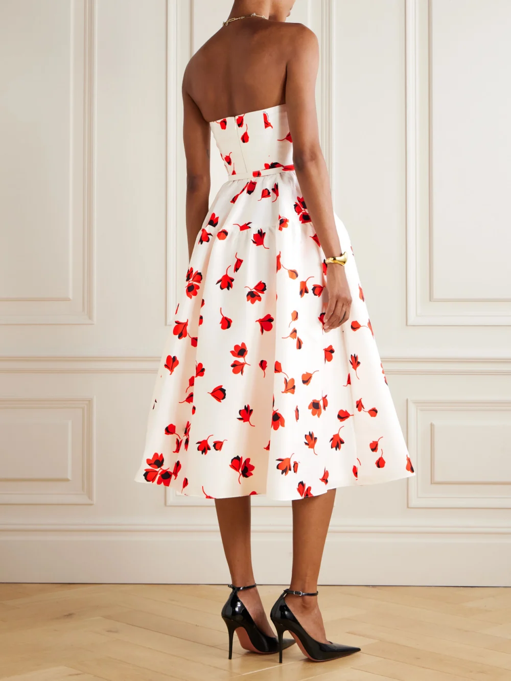 Back view of the Self-Portrait Strapless Belted Ruched Floral-print Taffeta Midi Dress