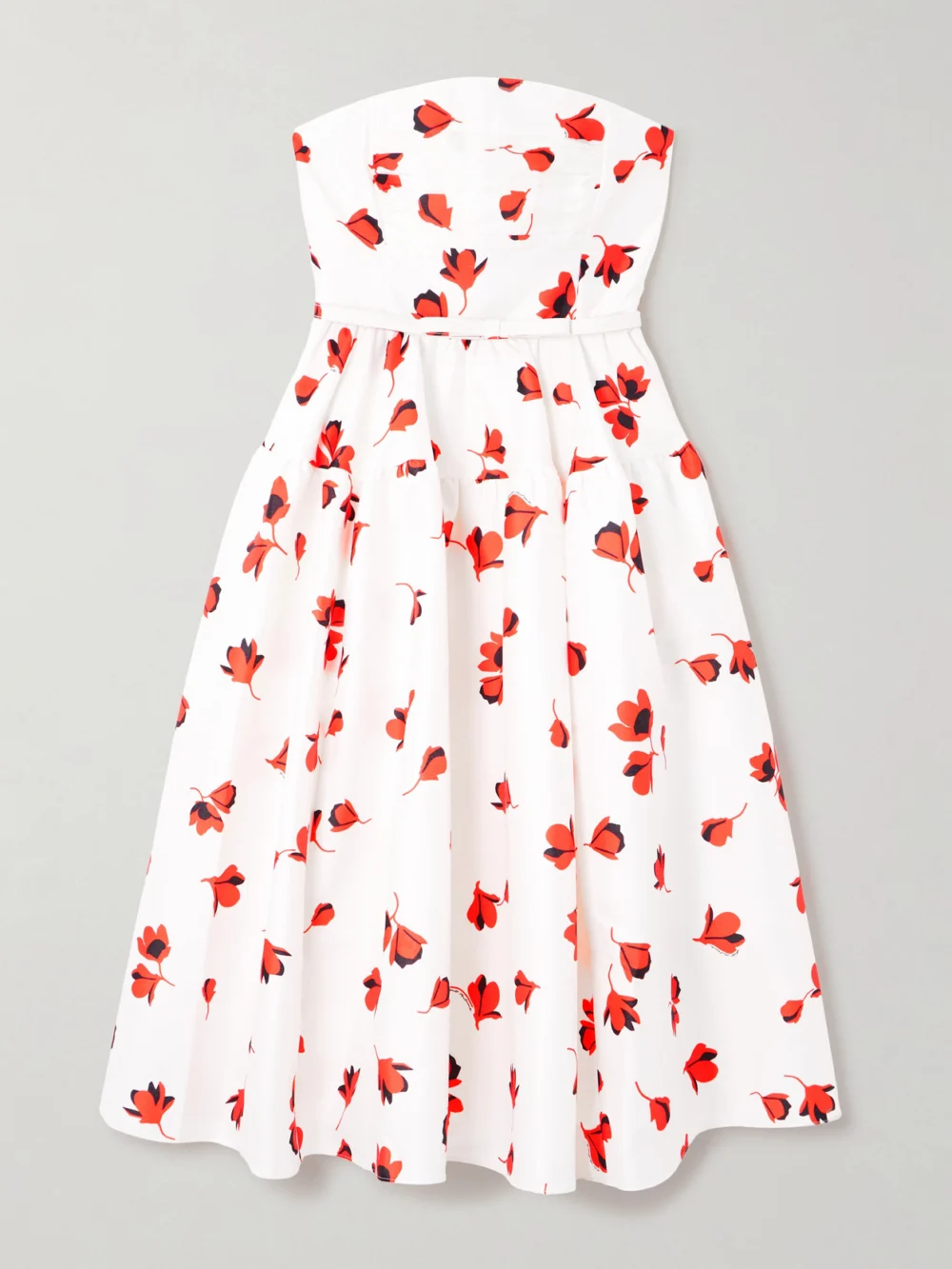 Self-Portrait Strapless Belted Ruched Floral-print Taffeta Midi Dress in white
