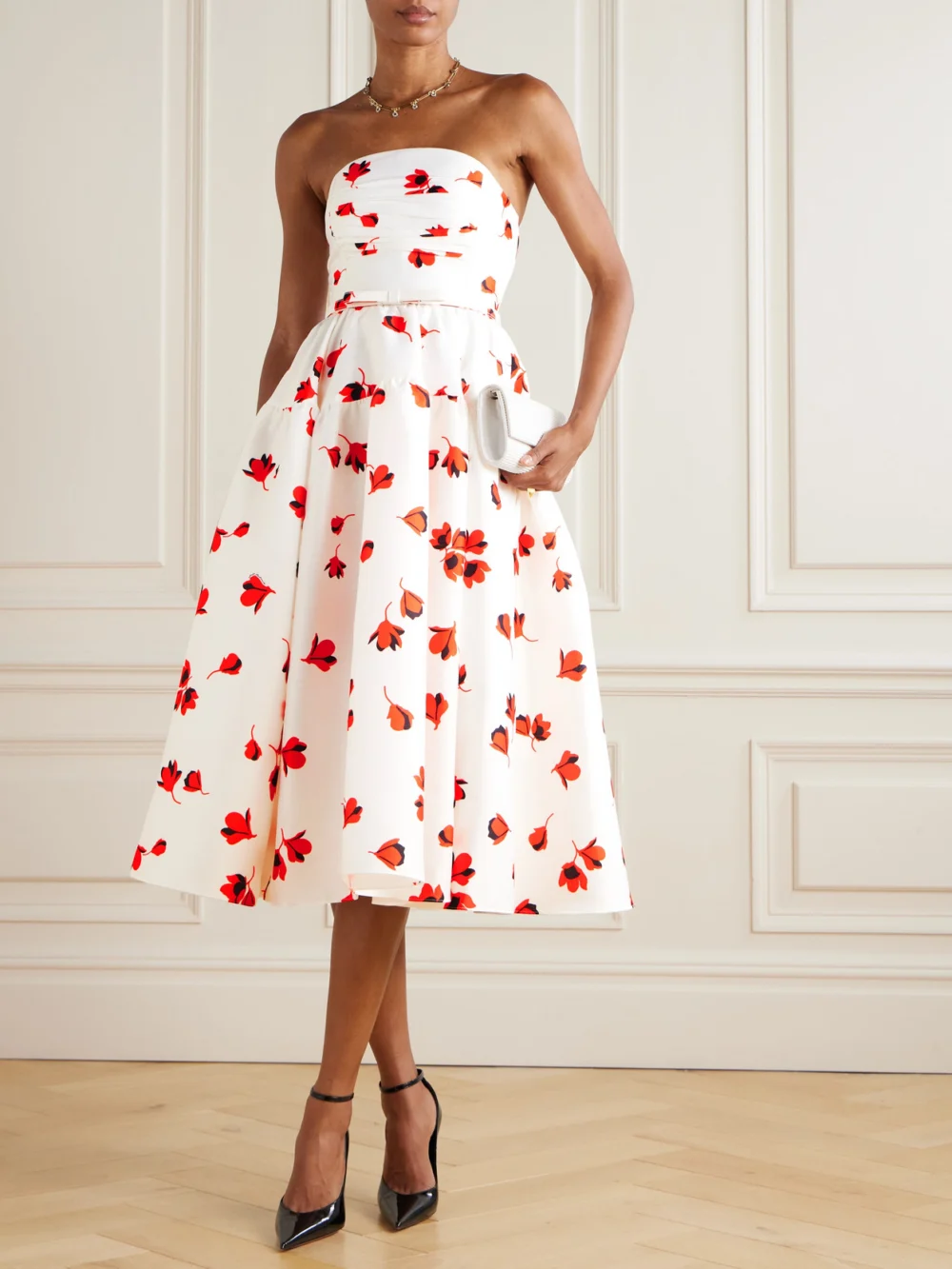 Self-Portrait Strapless Belted Ruched Floral-print Taffeta Midi Dress, worn by a model