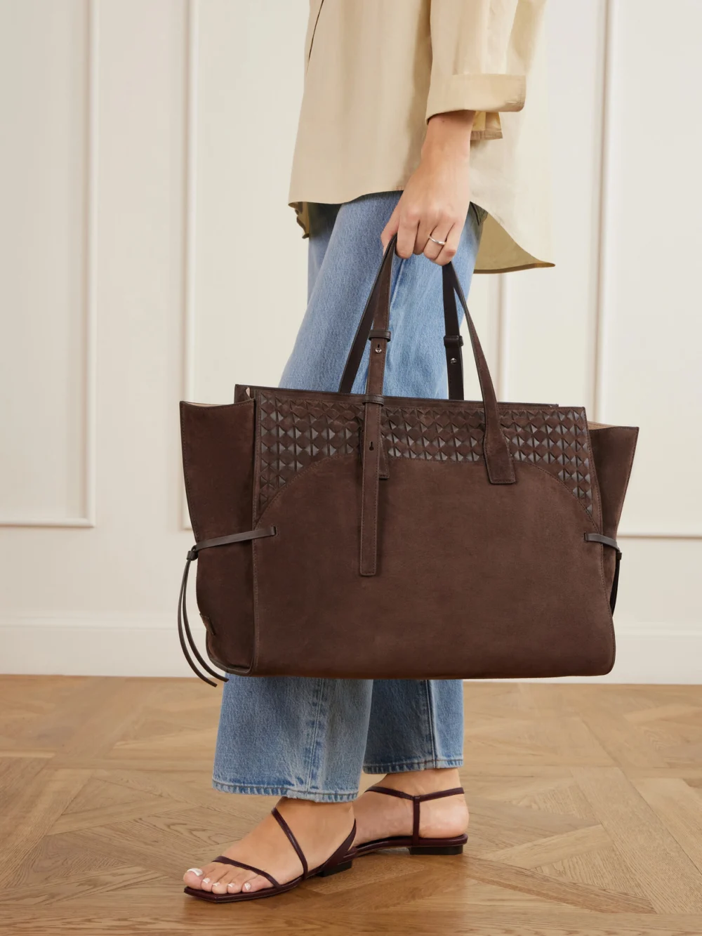 Serapian Maro Maxi Leather-trimmed Suede Tote, styled view