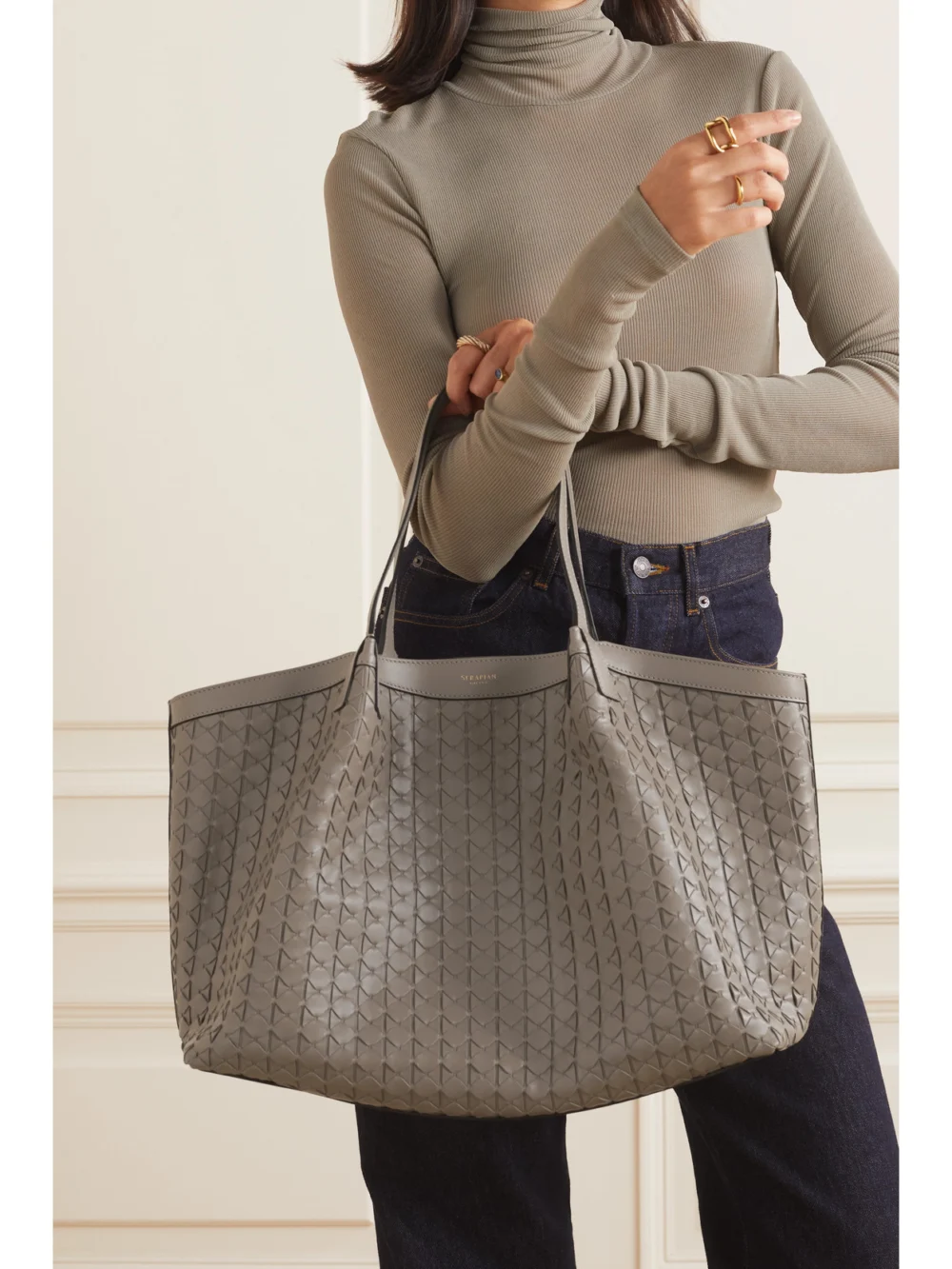 Serapian Secret Large Woven Leather Tote, styled view