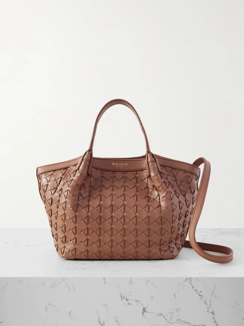Serapian Secret Mini Woven Leather Shoulder Bag in tan