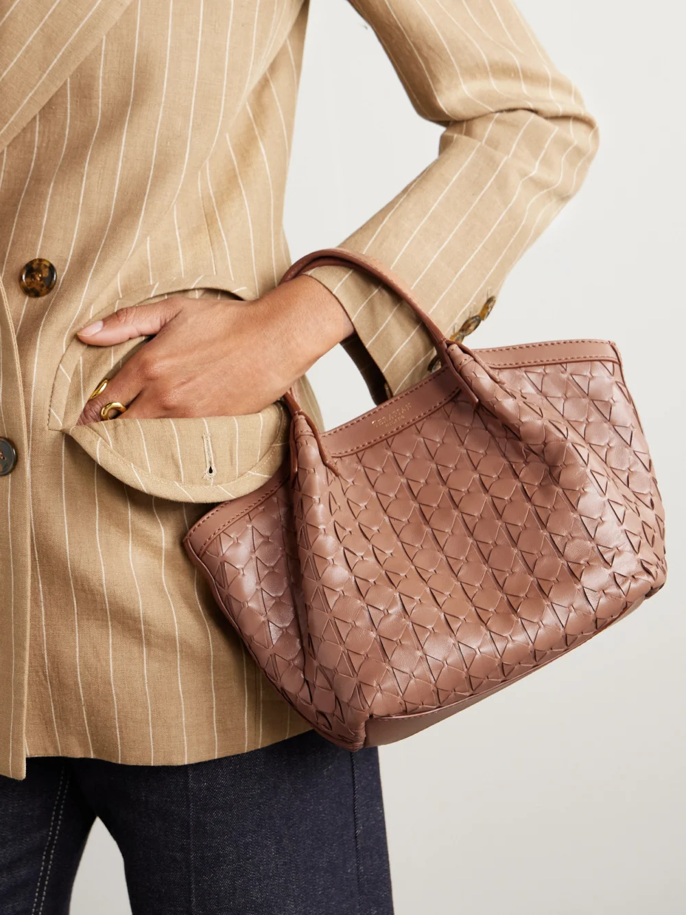 Serapian Secret Mini Woven Leather Shoulder Bag, styled view