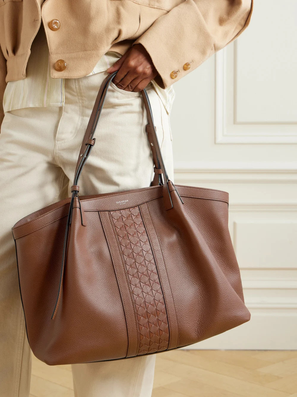 Serapian Secret Textured-leather Tote, styled view