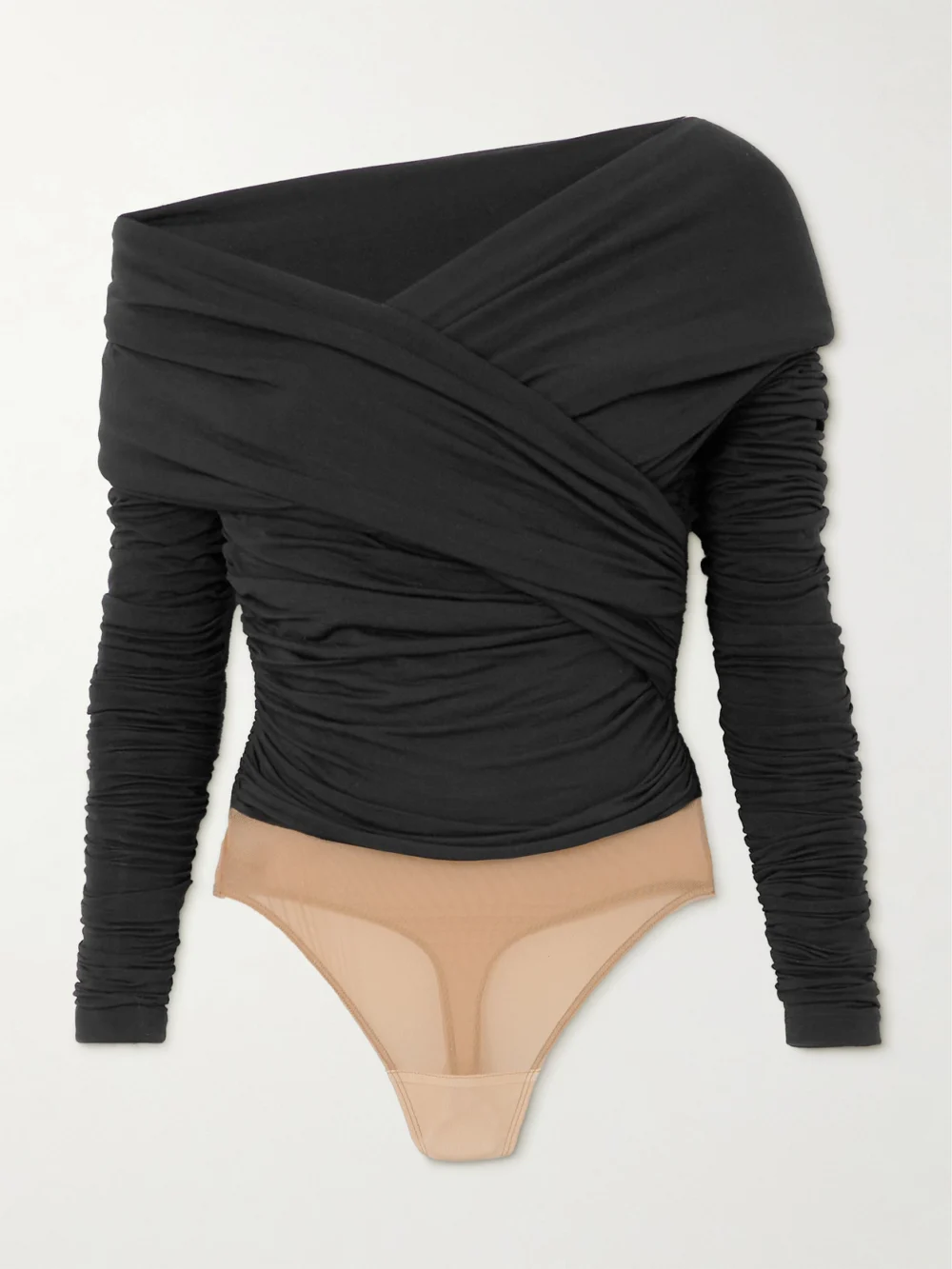 Sergio Hudson Ruched Mesh-trimmed Stretch-bamboo Viscose Jersey Bodysuit in black