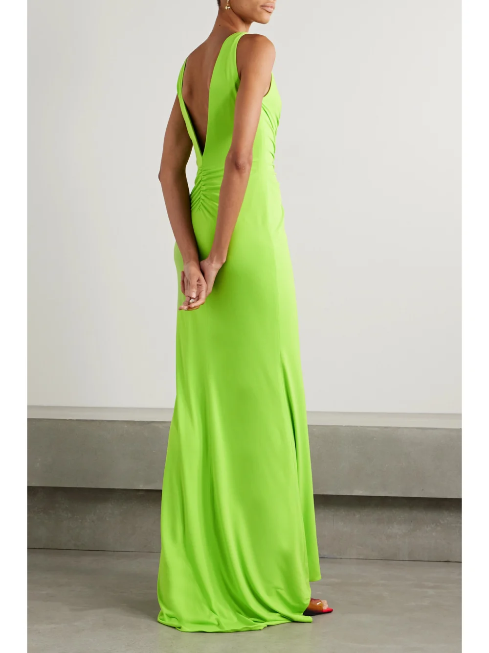 Back view of the Sergio Hudson Ruched Neon Stretch-jersey Gown