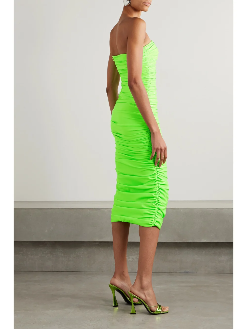 Back view of the Sergio Hudson Strapless Ruched Neon Coated Stretch-jersey Midi Dress