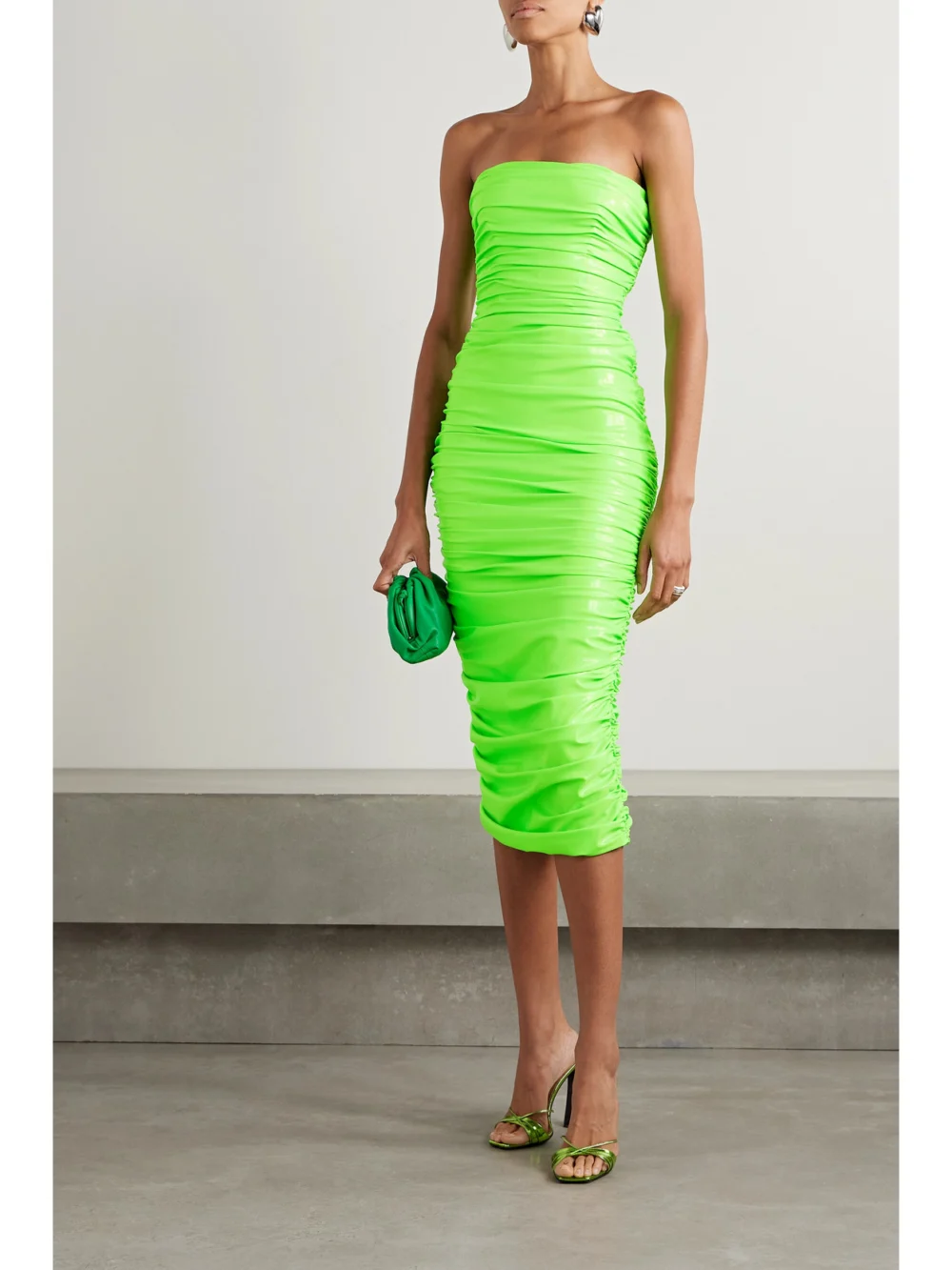 Sergio Hudson Strapless Ruched Neon Coated Stretch-jersey Midi Dress, worn by a model