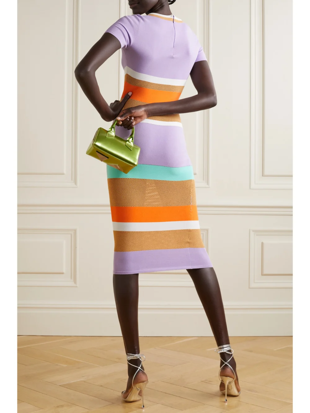 Back view of the Sergio Hudson Striped Mesh-paneled Cotton-blend Midi Dress